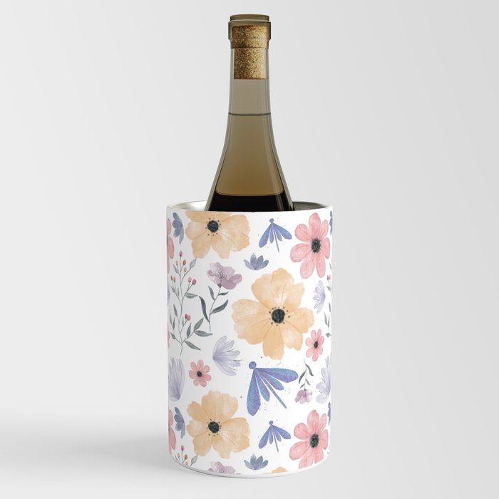 Pink and Orange Floral Pattern with Dragonflies Wine Chiller