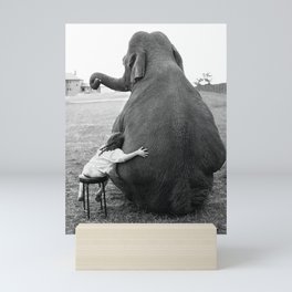 Odd Best Friends, Sweet Little Girl hugging elephant black and white photograph Mini Art Print
