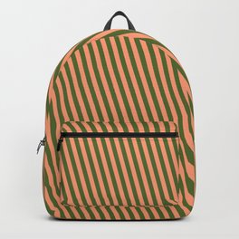 [ Thumbnail: Light Salmon and Dark Olive Green Colored Lines Pattern Backpack ]