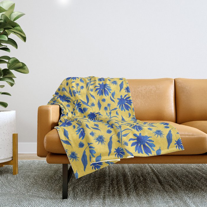 Elegant Blue Yellow Cone Flowers Floral Pattern Throw Blanket