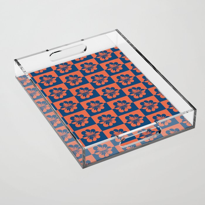 Retro Floral Pattern - Blue Orange Acrylic Tray