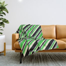 [ Thumbnail: Dark Grey, Lime Green, Light Yellow, and Black Colored Pattern of Stripes Throw Blanket ]