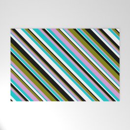 [ Thumbnail: Eye-catching Green, Plum, Dark Turquoise, White & Black Colored Striped/Lined Pattern Welcome Mat ]