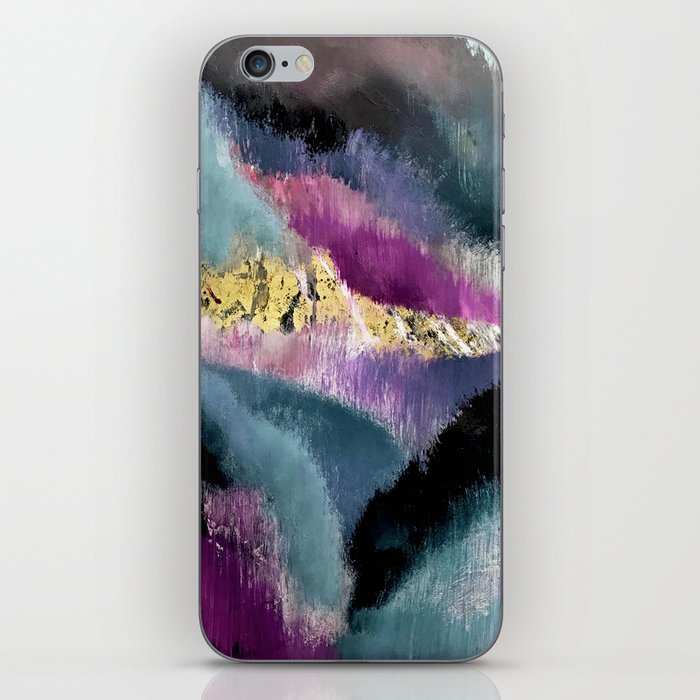 Gemini: a vibrant, colorful abstract piece in gold, purple, blue, black, and white iPhone Skin