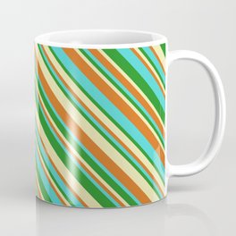 [ Thumbnail: Pale Goldenrod, Chocolate, Turquoise & Forest Green Colored Lines Pattern Coffee Mug ]