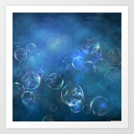 floating bubbles blue watercolor space background Art Print