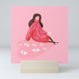 Love & a Big Sweater - Cute Lady reading Love letters in Big Pink Sweater Mini Art Print