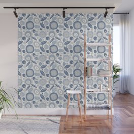 Modern Abstract Flowers in Farmhouse Denim Blue and Gray Wall Mural