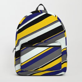 [ Thumbnail: Eyecatching Dim Grey, Mint Cream, Black, Yellow, and Midnight Blue Colored Stripes Pattern Backpack ]