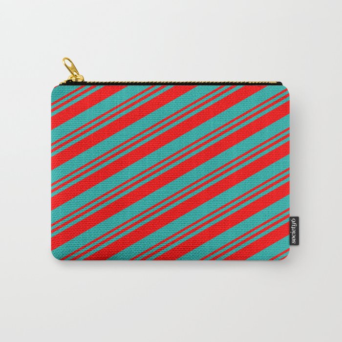 Red and Light Sea Green Colored Stripes/Lines Pattern Carry-All Pouch