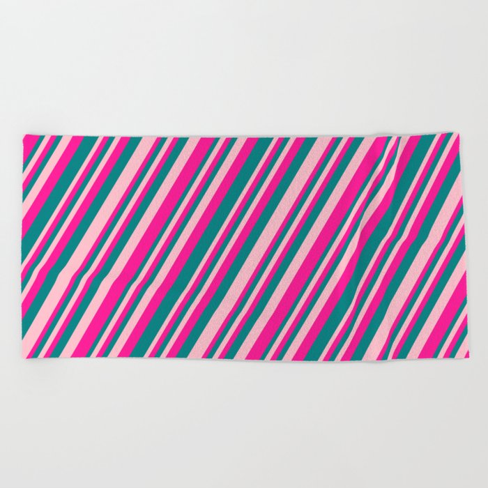 Pink, Deep Pink, and Teal Colored Striped Pattern Beach Towel
