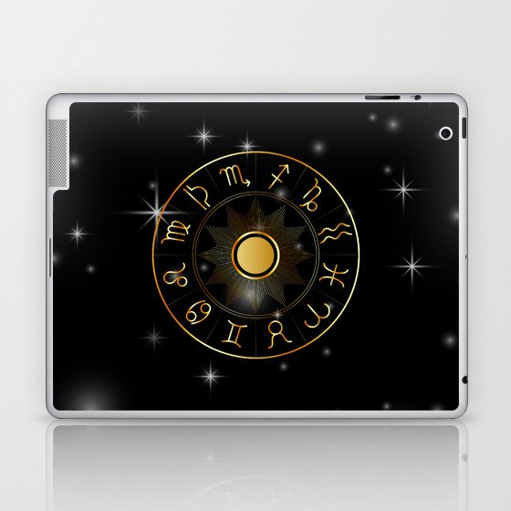 Zodiac astrology circle Golden astrological signs with moon sun and stars  Laptop & iPad Skin