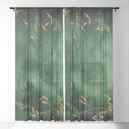 Winter Gold Flowers On Emerald Marble Texture Sheer Curtain