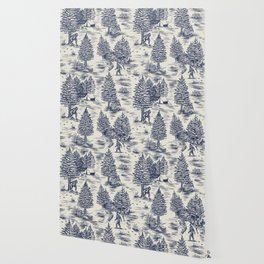 Bigfoot / Sasquatch Toile de Jouy in Blue Wallpaper