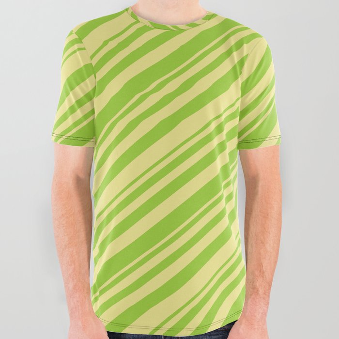 Green & Tan Colored Striped/Lined Pattern All Over Graphic Tee