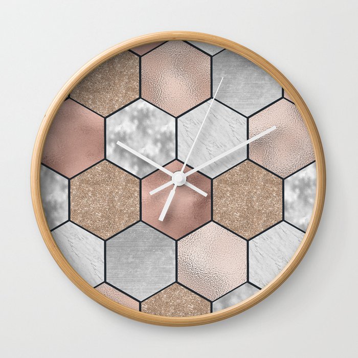 Marble Hexagons And Rose Gold On Black Wall Clock