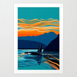 Orca into the Fire Sky Art Print | Blackfish, Sunset, Ocean, Killerwhale, Sea, Killerwhales, Dolfin, Sealife, Painting, Islands 