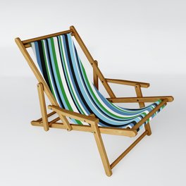 [ Thumbnail: Eye-catching Sky Blue, Forest Green, White, Blue & Black Colored Lined Pattern Sling Chair ]
