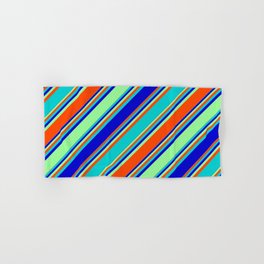 [ Thumbnail: Dark Turquoise, Blue, Green, and Red Colored Striped Pattern Hand & Bath Towel ]
