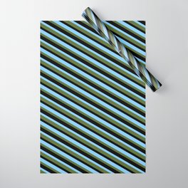 [ Thumbnail: Light Sky Blue, Dark Olive Green, and Black Colored Lines/Stripes Pattern Wrapping Paper ]