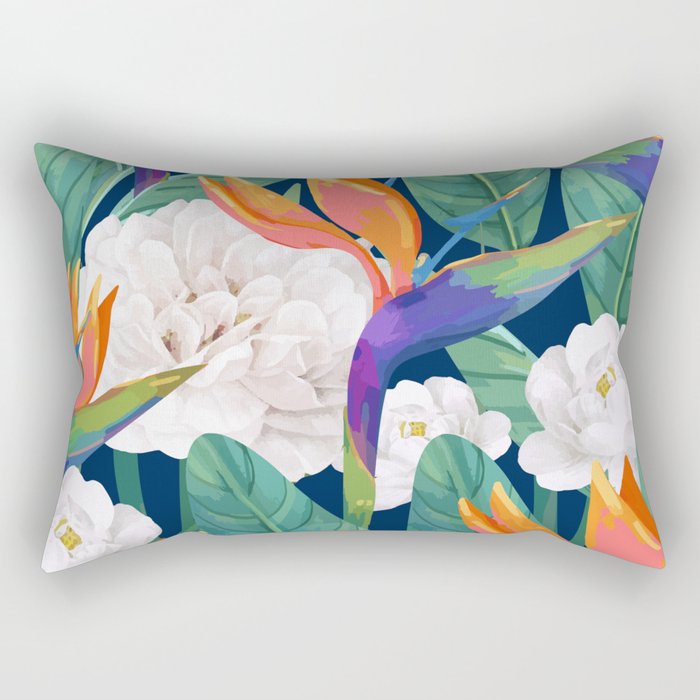 Bird of Paradise, Tropical Botanical Nature, Dark Jungle Illustration, Floral Eclectic Bohemian Rectangular Pillow