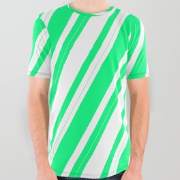 [ Thumbnail: Green & White Colored Lines Pattern All Over Graphic Tee ]