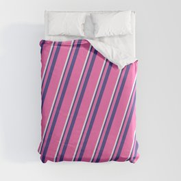 [ Thumbnail: Dark Slate Blue, Hot Pink & White Colored Pattern of Stripes Duvet Cover ]