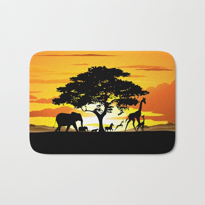 Wild Animals on African Savanna Sunset Bath Mat