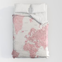 Light pink, muted pink and dusty pink watercolor world map with cities Bettbezug