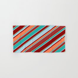 [ Thumbnail: Light Sea Green, Light Blue, Brown, Dark Red & Coral Colored Stripes/Lines Pattern Hand & Bath Towel ]