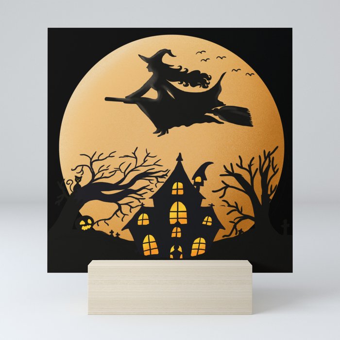 Halloween Scary House Witch & Broomstick Mini Art Print