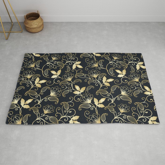 Golden Black Special Abstract Indian Floral Rug By Smarthdesigns