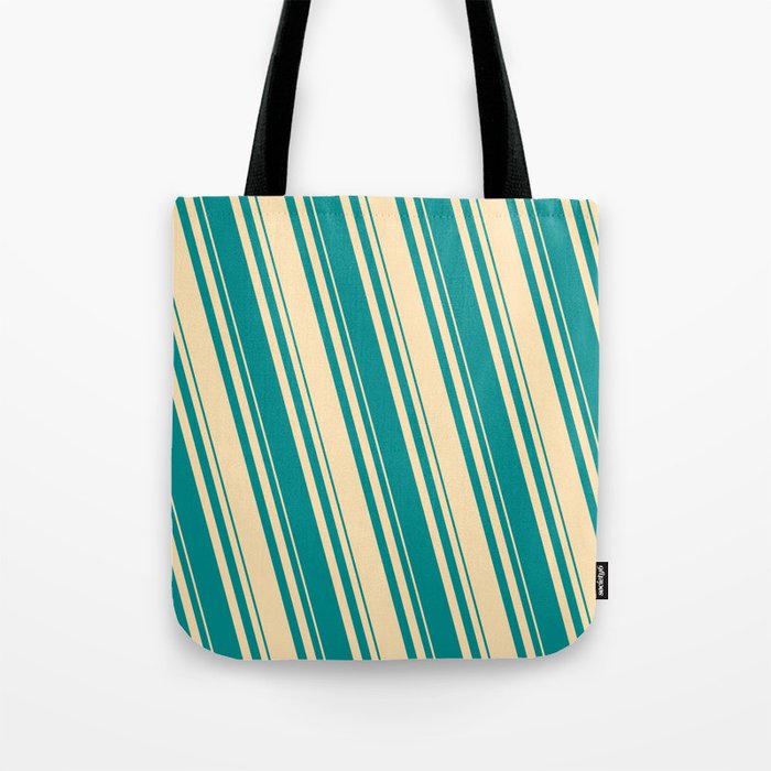 Beige & Dark Cyan Colored Lines/Stripes Pattern Tote Bag