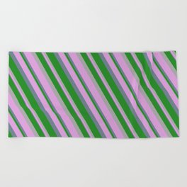 [ Thumbnail: Forest Green, Dark Gray, Plum, and Slate Gray Colored Stripes/Lines Pattern Beach Towel ]