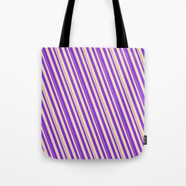 [ Thumbnail: Purple and Pale Goldenrod Colored Striped/Lined Pattern Tote Bag ]