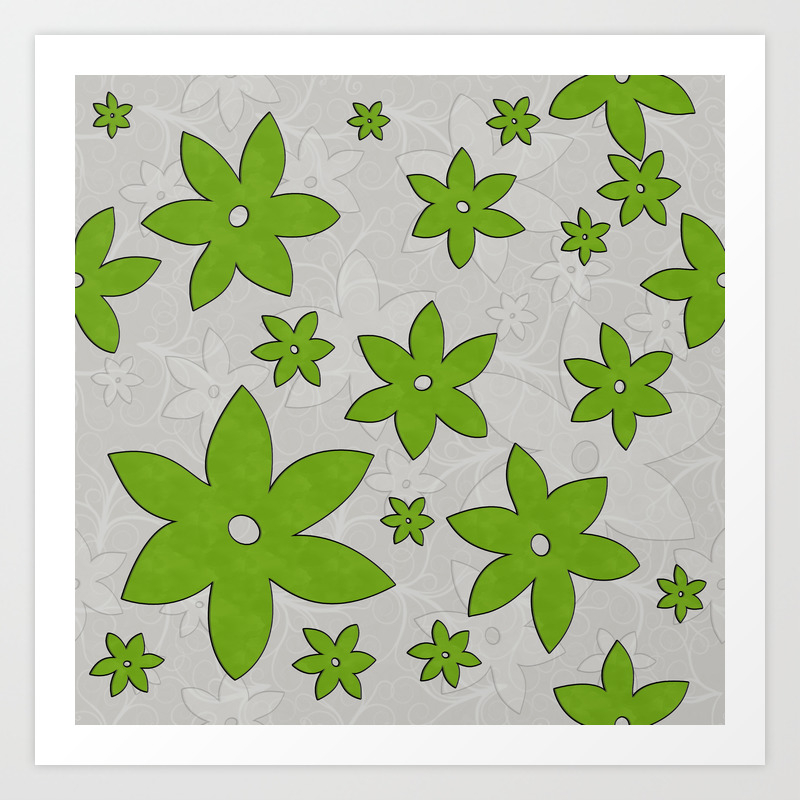 Green flowers, Vines, Seamless Pattern with light background Art Print