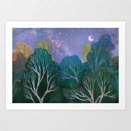 Starlit Woods Kunstdrucke | Nature, Forest, Galaxy, Ink, Moon, Traditionalart, Painting, Woodland, Magical, Coloredpencils 