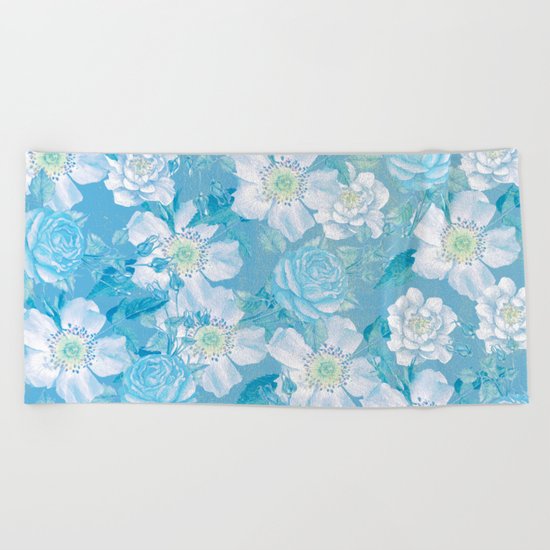 Blue Vintage Rose Pattern Beach Towel