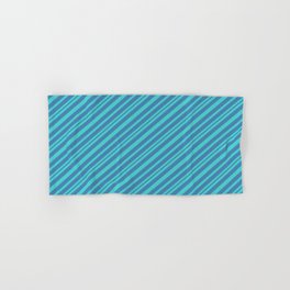 [ Thumbnail: Turquoise & Blue Colored Striped/Lined Pattern Hand & Bath Towel ]