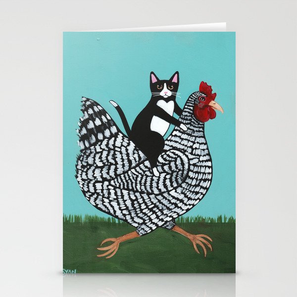 Tuxedo Cat Riding a Chicken Stationery Cards