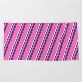[ Thumbnail: Dark Slate Blue, Hot Pink & White Colored Pattern of Stripes Beach Towel ]