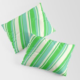 [ Thumbnail: Lime Green, Aquamarine & Beige Colored Stripes/Lines Pattern Pillow Sham ]