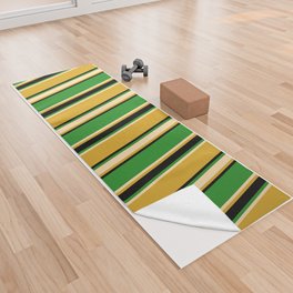 [ Thumbnail: Goldenrod, Tan, Forest Green, and Black Colored Striped/Lined Pattern Yoga Towel ]