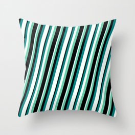 [ Thumbnail: Aquamarine, Black, Teal, and Mint Cream Colored Lined Pattern Throw Pillow ]