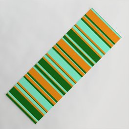 [ Thumbnail: Dark Orange, Dark Green, and Aquamarine Colored Stripes Pattern Yoga Mat ]
