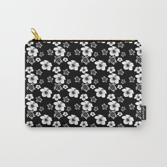 Black And White Floral And Turtle Hawaiian Pattern Carry-All Pouch