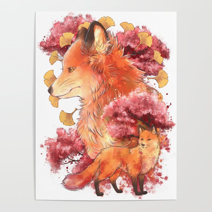 Autumn Fox with Ginkgo Poster
