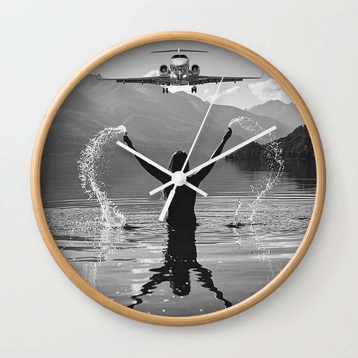 Steady As She Goes IV; aircraft coming in for an island landing with female bringing it in black and white photography photographs photograph Wall Clock
