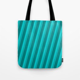 [ Thumbnail: Dark Turquoise & Teal Colored Striped/Lined Pattern Tote Bag ]