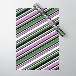 [ Thumbnail: Forest Green, Orchid, Black & White Colored Striped/Lined Pattern Wrapping Paper ]